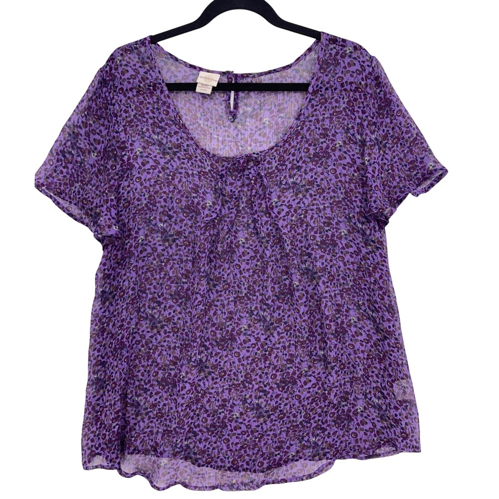 Purple Floral Chiffon Blouse XL Short Sleeve Sheer Pleated Keyhole